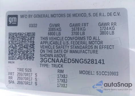 2022 Chevrolet Silverado 1500 2Wd Long Bed Wt from USA, damaged, VIN 3GCNAAED5NG528141